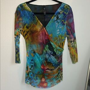 Colorful Abstract Wrap Blouse - Turquoise Multi
